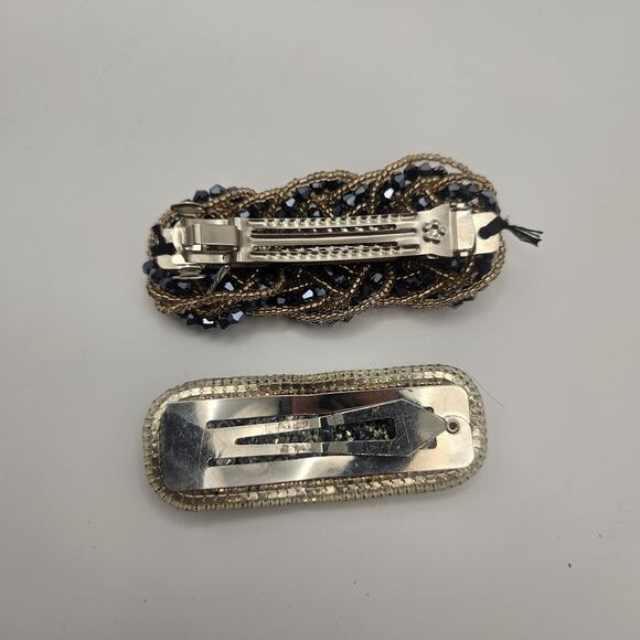 Vintage Gold-tone Barrette Set Woven Black Faceted Beads Hair Clips Glam Bridal main image 4